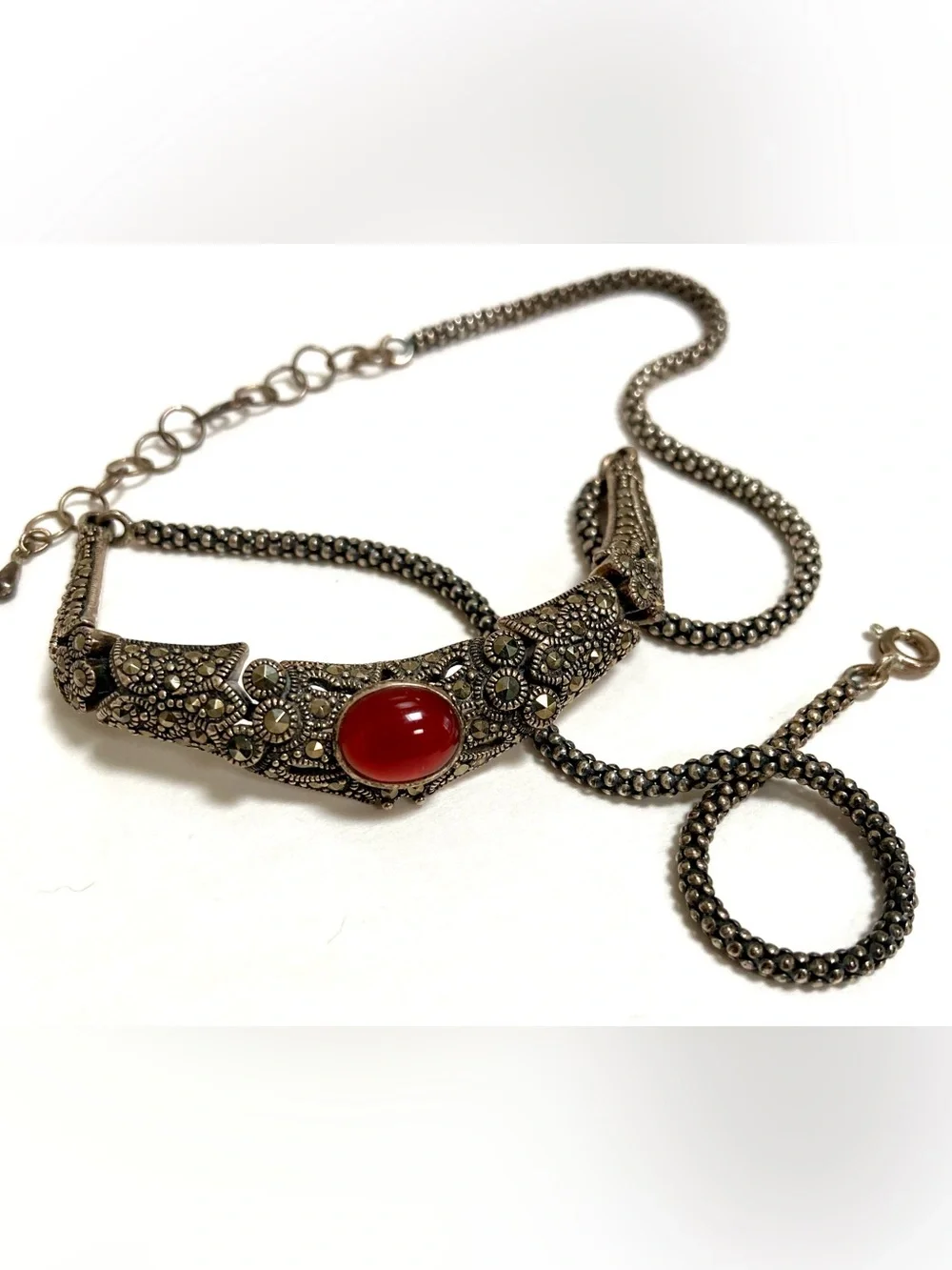 925 Sterling Silver Carnelian & Marcasite Jewelry Set